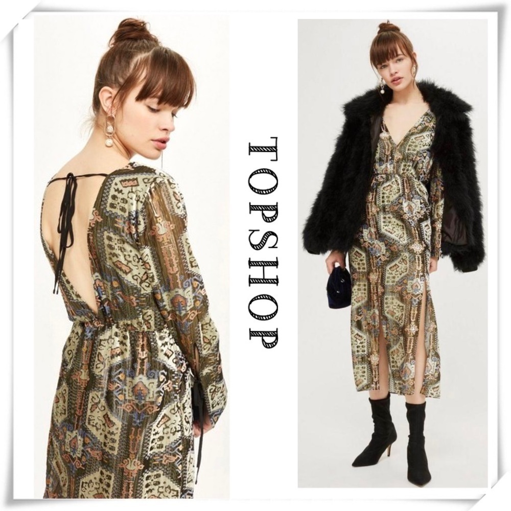 TOPSHOP Floral Velvet 70s Style Front Slits Midi Dress in Gold New with Tag